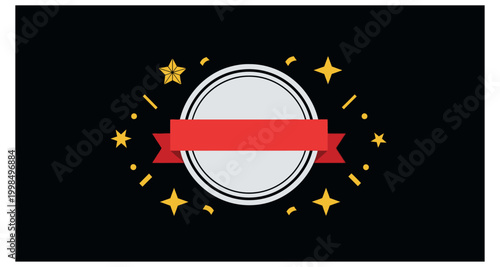 A celebratory badge with a red ribbon banner and golden star sparkles
