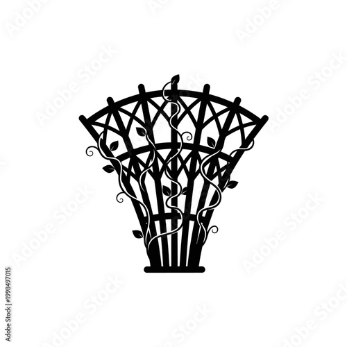 Elegant black trellis design with climbing vines and leaves for garden decor.