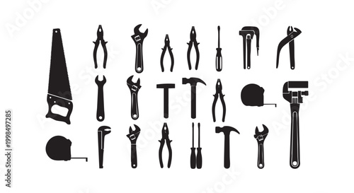 Black silhouette collection of construction tools consisting of hand saws adjustable wrenches hammers and tape measures.