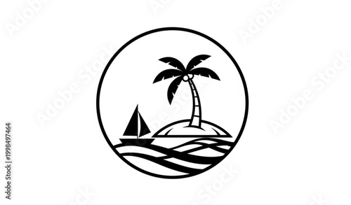 Minimalist circular black and white tropical island vector with palm tree and sailboat for travel and vacation designs