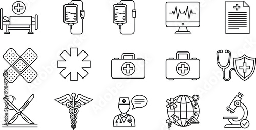 Black and white healthcare icons featuring hospital care, medical tools, global health, diagnostics, emergency response, and professional medical practice