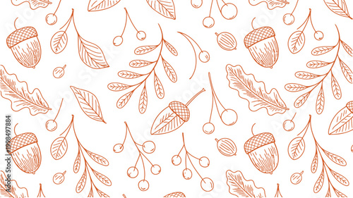 autumn seasonal seamless vector pattern, hand drawn sketch leaves with oak, maple, chestnut, acorn, and rowan berry elements, modern trendy line art background for surface design, cards, and print.