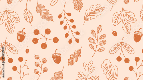 autumn seasonal seamless vector pattern, hand drawn sketch leaves with oak, maple, chestnut, acorn, and rowan berry elements, modern trendy line art background for surface design, cards, and print.