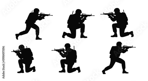 Soldiers in tactical positions with guns.