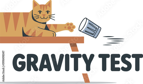Orange cat pushing glass off table with gravity test text