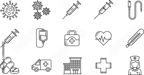 Black and white medical icons featuring hospital building, ambulance, nurse, virus particles, syringes, stethoscope, pills, thermometer, and heart monitor