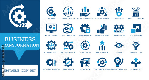 Business Transformation and Digital Innovation Icons. Featuring automation, strategy, growth, and workflow optimization symbols. Professional duotone vector for corporate apps
