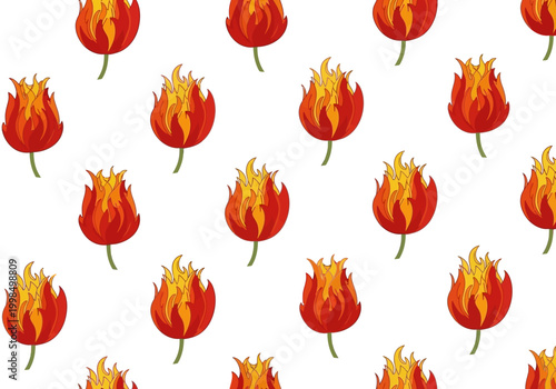 Flaming tulips are arranged in a pattern on a white background.