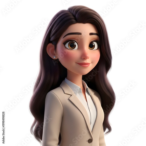 3d cartoon business woman professional character with long hair and friendly expression