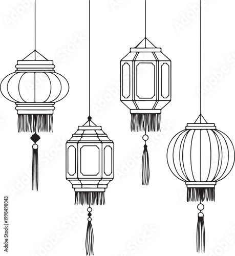 Minimalist line art traditional lanterns vector