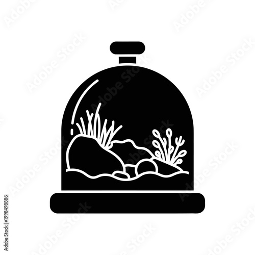 Elegant terrarium illustration showcasing miniature ecosystem with plants and rocks inside.