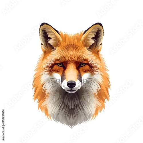 Red fox head illustration with fur isolated on white background