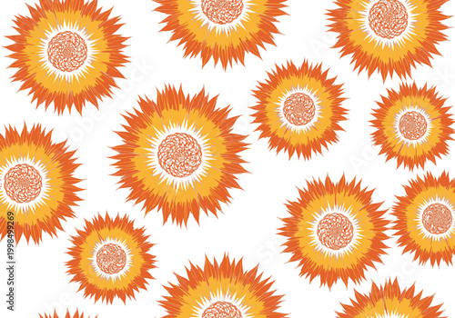 Vibrant orange flowers bloom in a lively pattern on a white surface