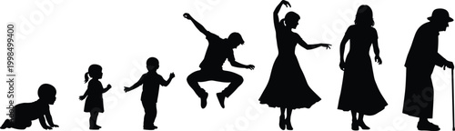 Human life cycle evolution silhouettes showing aging process from crawling baby and active youth to dancing adult and senior woman with walking cane.