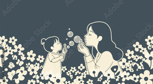 Minimalist vector illustration of a mother and young daughter blowing soap bubbles together in a field of white flowers, profile view characters in a clean flat line art style.