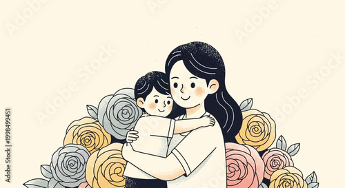 Flat design illustration of a woman with dark hair hugging a young child, both smiling with rosy cheeks, set against a background of large stylized roses in soft pastel colors.