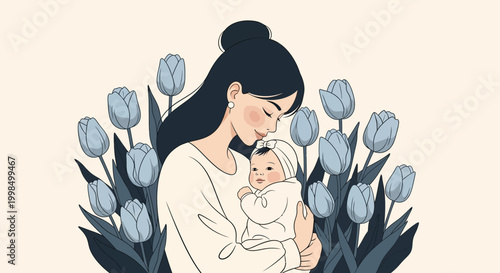 Minimalist vector illustration of a mother with dark hair in a bun holding her infant baby, surrounded by pale blue tulips on a cream background, side profile, maternal bond theme.