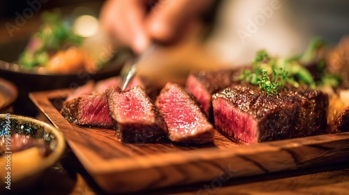A person cutting into a juicy steak on a wooden plate in a restaurant setting