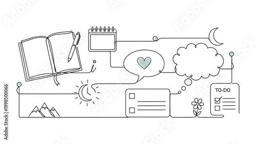 Organized Thoughts: A minimalist illustration outlines the essentials of journaling, goal setting, and self-reflection, perfect for visualizing plans and aspirations. 