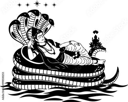 Vishnu resting on Shesha Naga, Hindu deity.