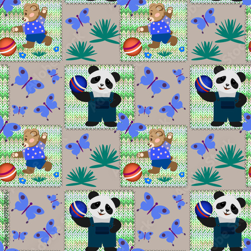 Seamless vector pattern with cute bear, panda, butterflies, and balls