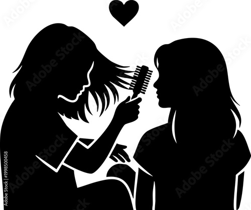 Woman brushing hair of another girl with heart symbol showing sisterhood and love concept.