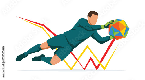 Goalie diving for soccer ball illustration showing professional goalkeeper catching geometric football during match game.