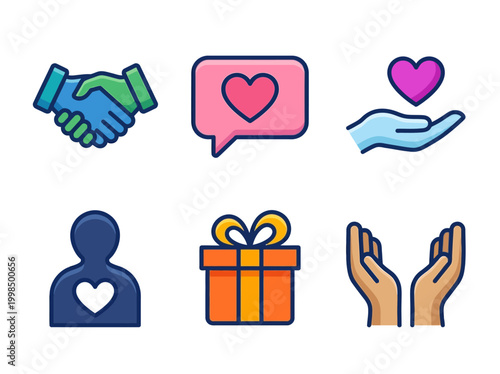 Charity and Kindness Icon Set for Volunteering, Donations, and Social Support