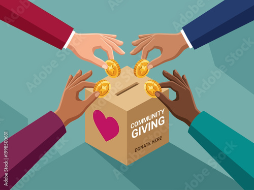 Diverse Hands Putting Gold Coins into a Community Giving Donation Box