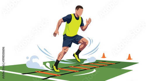 Soccer player training agility drill with ladder and cones, dynamic illustration capturing movement and speed on field.