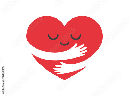 Red Heart Character Hugging Itself - Concept of Self Love, Care, and Mental Health Wellness