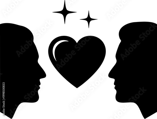 Silhouette profile heads facing heart icon with sparkles in minimal black and grey style.
