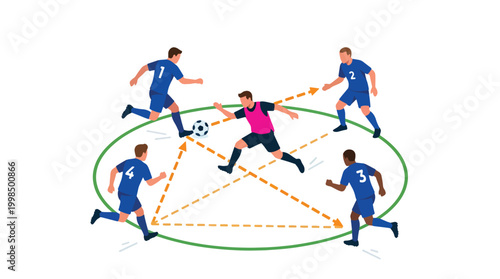 Football players practicing rondo drill in circle with numbered uniforms showing tactical movement and ball possession.
