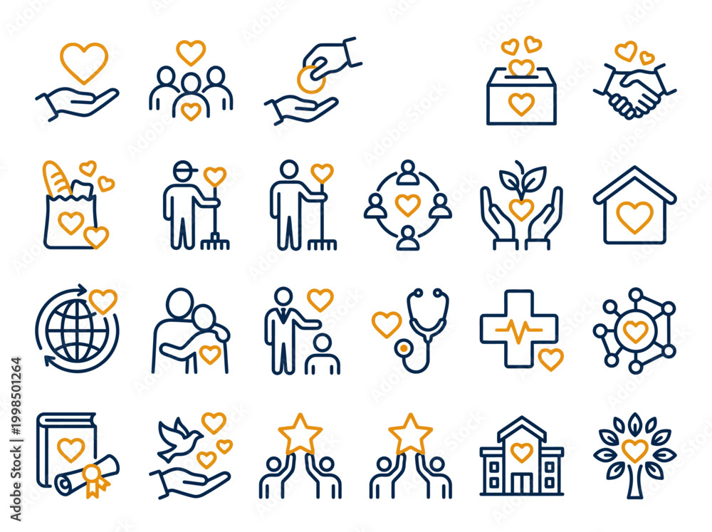Fototapeta premium Charity and Volunteering Icon Set: Non-Profit, Community Care, Donation, and Social Responsibility Vector Symbols in Blue and Gold Line Art