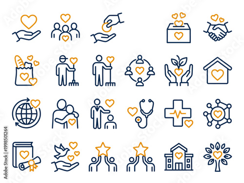Charity and Volunteering Icon Set: Non-Profit, Community Care, Donation, and Social Responsibility Vector Symbols in Blue and Gold Line Art