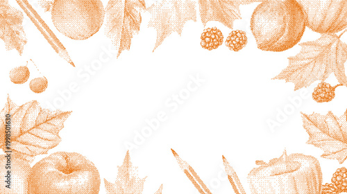 Autumn harvest bounty with pencils and leaves forming a decorative border against a white backdrop