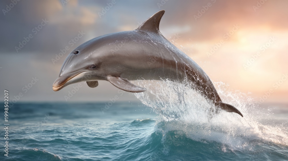Fototapeta premium Dolphin Breaching Above the Ocean Surface at Sunset with Beautiful Sky