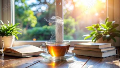 A steaming glass cup of tea and books on a wooden table. Morning sunlight through the window with a garden view. Cozy home atmosphere and calm mood.