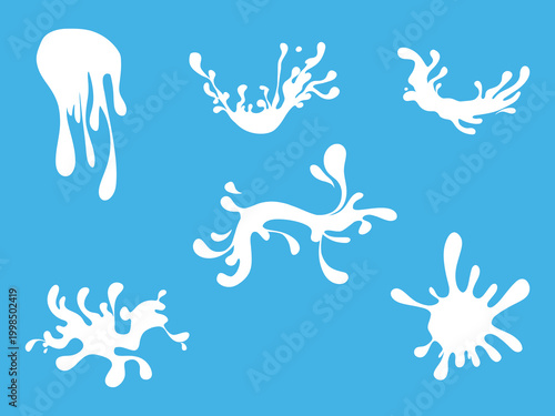 Collection of white milk, yogurt, or cream splashes and drops isolated on blue. Editable vector EPS for dairy product packaging, healthy food branding, and drink advertisements. White Milk and Yogurt 