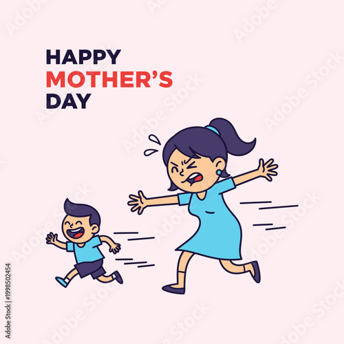 Happy mothers day cartoon illustration featuring tired mother chasing energetic young son who runs away laughing. flat line art style vector character design depicting motherhood struggles