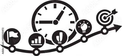 Business timeline icon with clock and milestones, bold silhouette design, project planning concept.