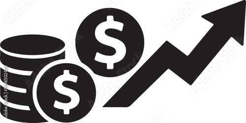 Investment strategy icon with money and upward arrow, flat silhouette vector, finance growth concept.