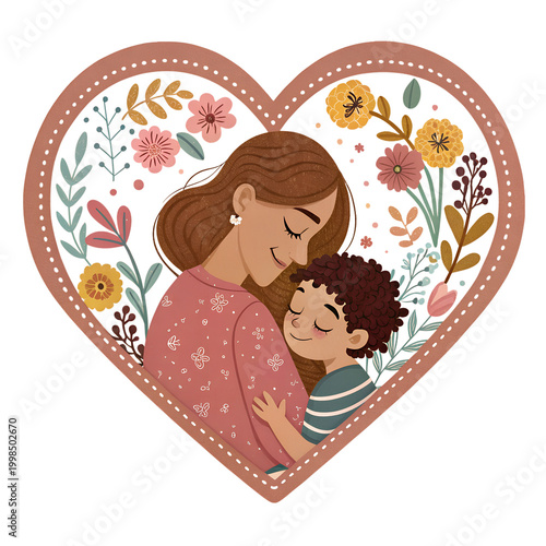 Loving Mother and Child Embrace in a Beautiful Floral Heart on transparent background