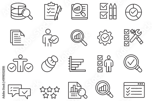 inspection related icon collections. Containing Inspection, Audit, Check, Review, Quality, Control, Survey, Report, Verification, and Assessment icons. Editable Stroke. 