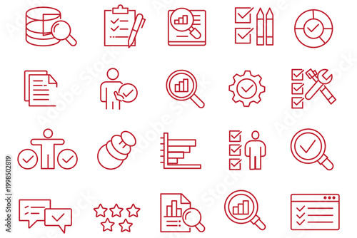 inspection related icon collections. Containing Inspection, Audit, Check, Review, Quality, Control, Survey, Report, Verification, and Assessment icons. Editable Stroke. 