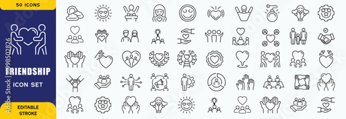 Friendship icon set. Containing friends, group of friend, socialize, friendly, cheers, trust, support and best friends icons. Solid icon collection. Vector illustration