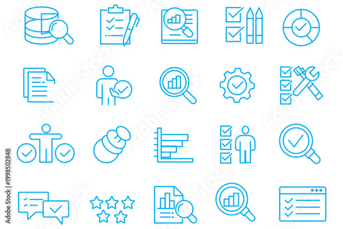 inspection related icon collections. Containing Inspection, Audit, Check, Review, Quality, Control, Survey, Report, Verification, and Assessment icons. Editable Stroke. 