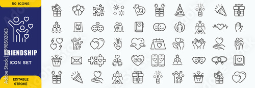 Friendship icon set. Containing friends, group of friend, socialize, friendly, cheers, trust, support and best friends icons. Solid icon collection. Vector illustration