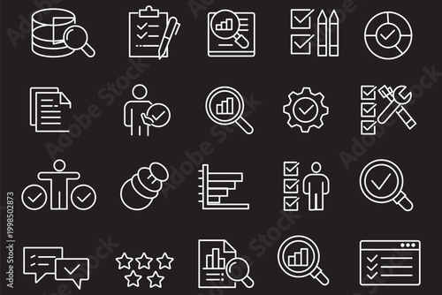 inspection related icon collections. Containing Inspection, Audit, Check, Review, Quality, Control, Survey, Report, Verification, and Assessment icons. Editable Stroke. 