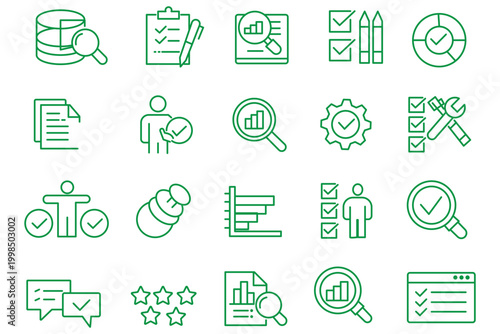inspection related icon collections. Containing Inspection, Audit, Check, Review, Quality, Control, Survey, Report, Verification, and Assessment icons. Editable Stroke. 